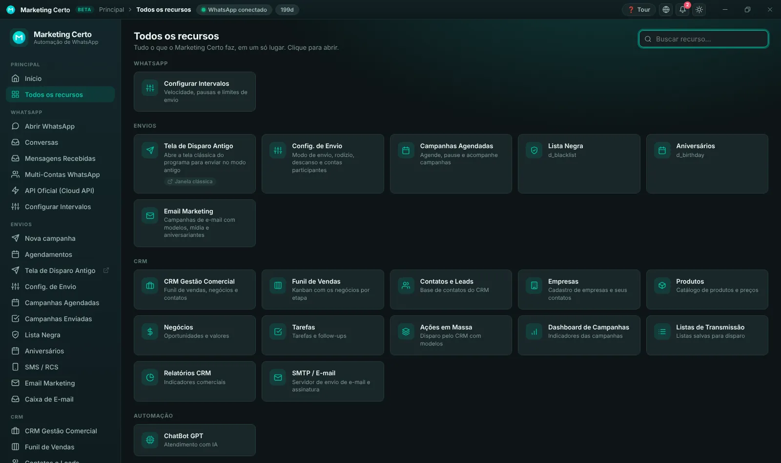 Todos os recursos em cartões