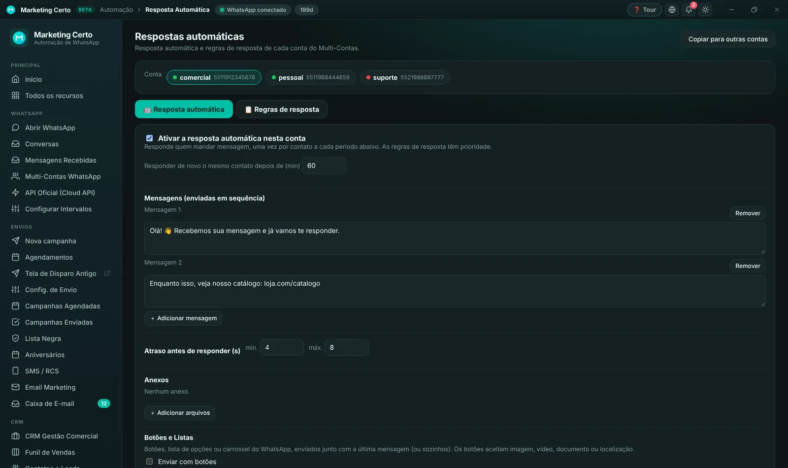 Respostas automáticas, regras e IA