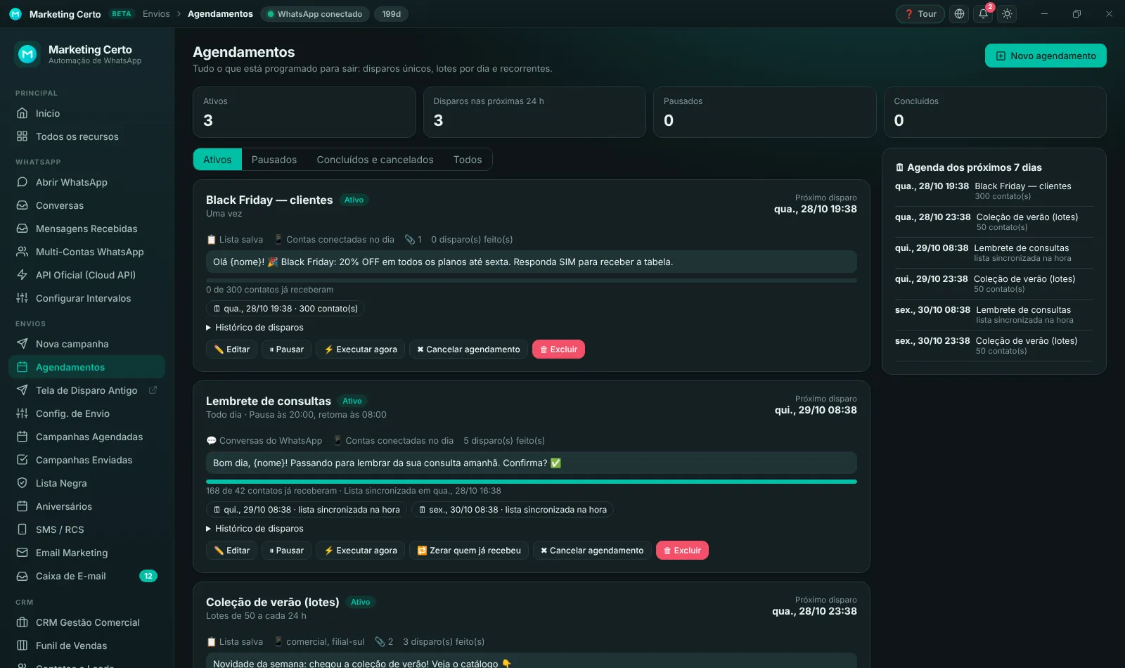 Agendamentos: único, em lotes ou recorrente